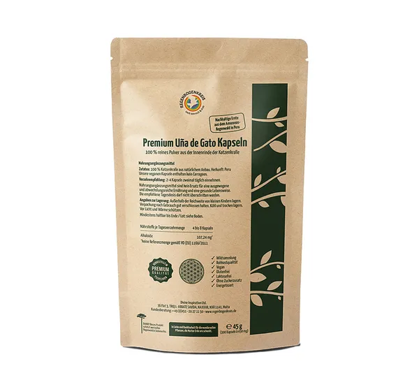 Premium Katzenkralle Kapseln (U&ntilde;a de Gato), 100 Kapseln, Rohkostqualit&auml;t