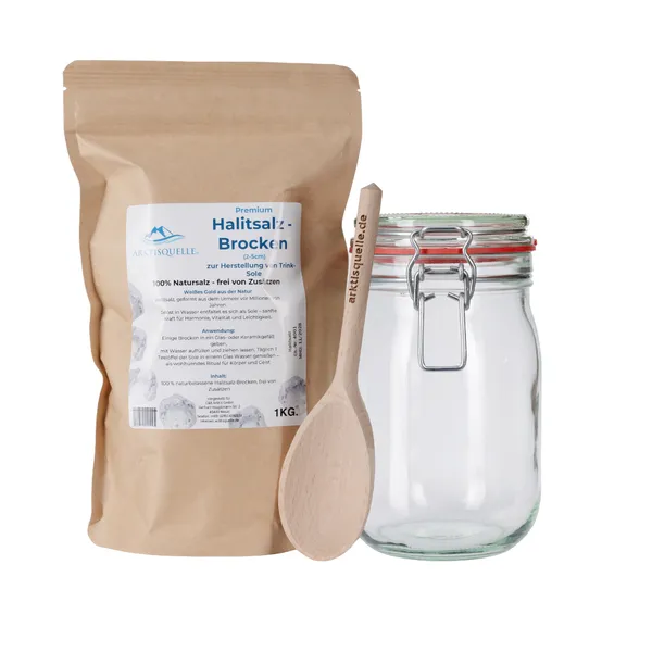 Halitsalz-Sole Starter-Set - Premium Halitsalz 1 kg + Glas + Holzlöffel
